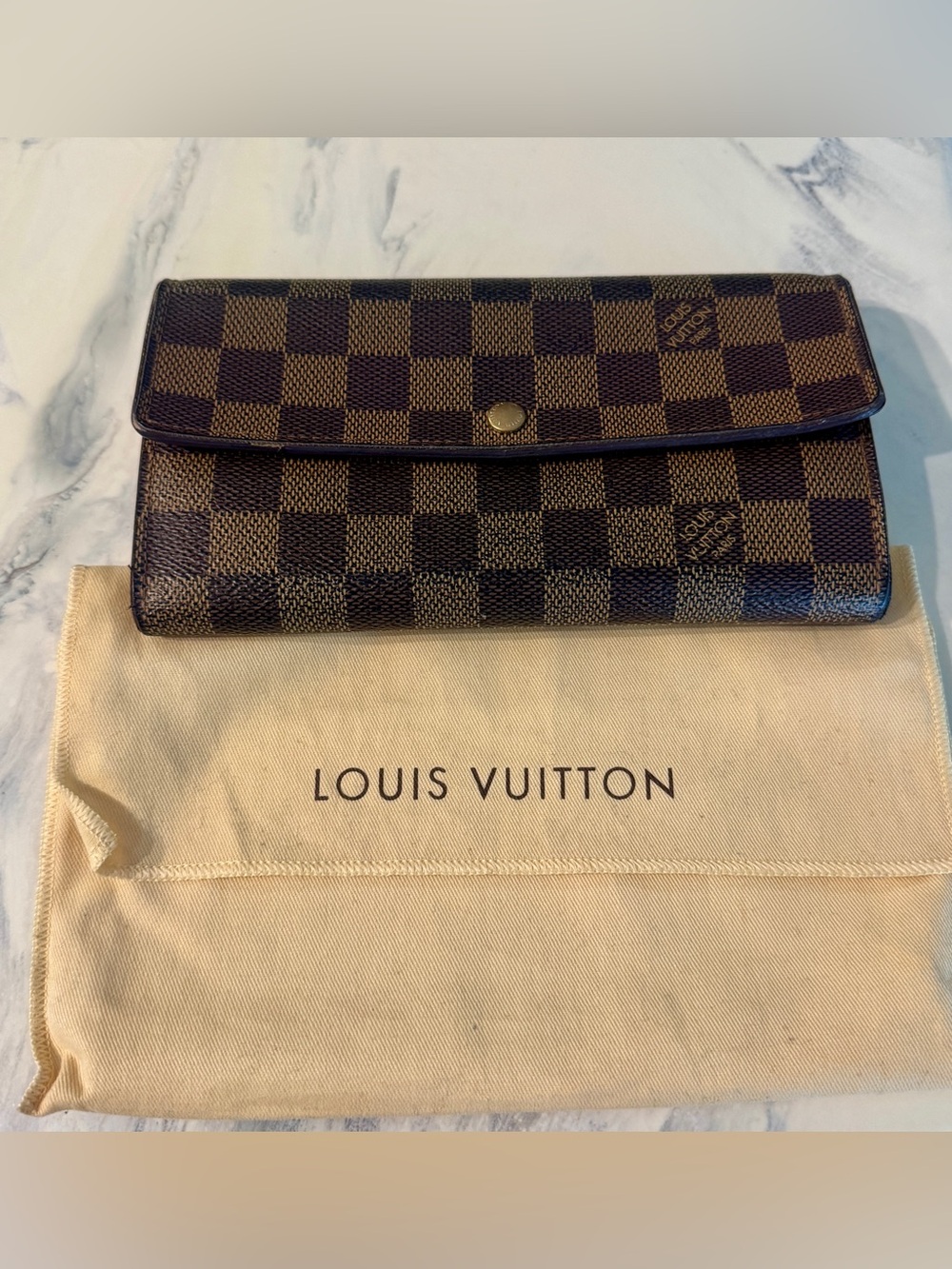 Louis Vuitton Damier Ebene Checkered Long Wallet in Brown and Dark Brown